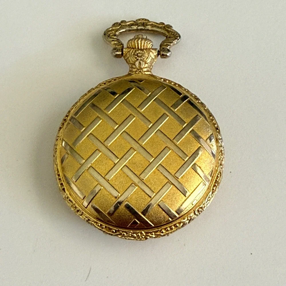 Milan Quartz Pocket Watch Hunter Case Basketweave Gold Tone 45mm Japan Movt Mens
